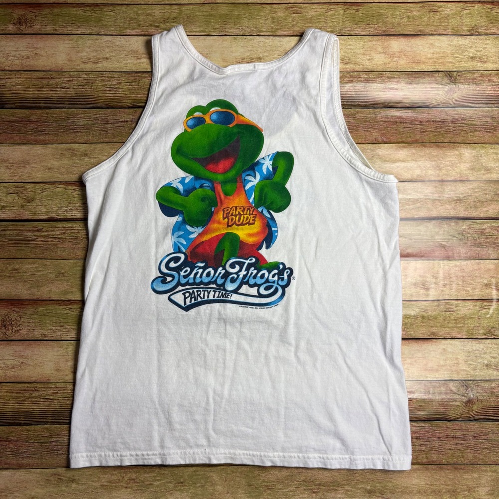 Vintage 2003 Senor Frogs Party Dude Tank Top White Size M Y2K Graphic